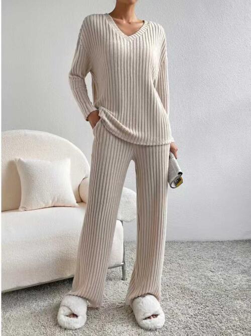 Comfort Bliss™ Ribbed V-Neck Long Sleeve Top and Pants Set